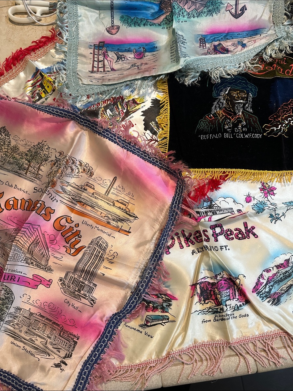 Vintage Scenic Souvenir Silk Scarves - Pink, Cream & Black Prints.